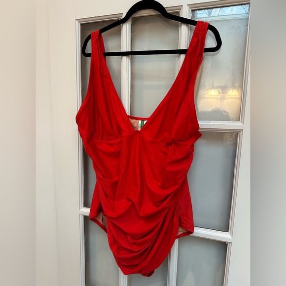 J. Crew Ruched V-neck One Pice Vibrant Bright Cerise Swimsuit Plus Size 24 - Picture 3 of 12